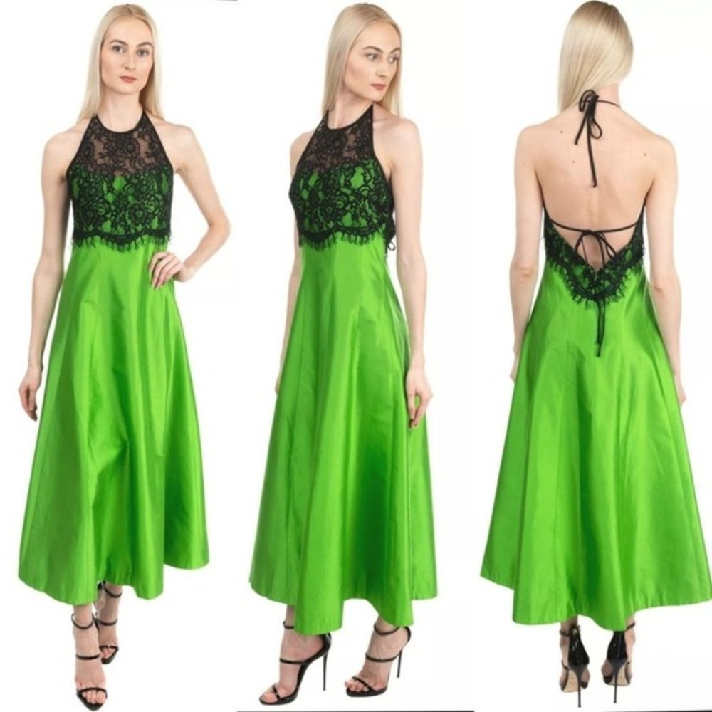 Rasario Green Black Lace‎ Halter Satin Midi Dress Old Money Coquette 38 S $2,044